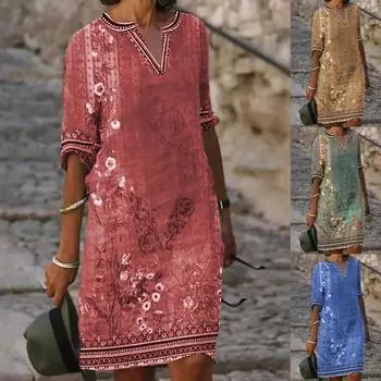 2024 Весна/Лето Женское Платье Повседневные Ретро Платья С Цветочным Принтом Элегантные Свободные Платья А-силуэта С V-образным Вырезом Женские Платья L зелёный