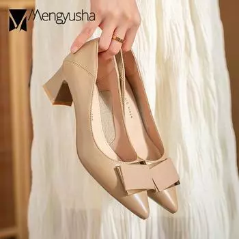 2024 Весна Натуральная Кожа Туфли Женские Туфли-лодочки На Массивном Каблуке Бабушкины Лоферы Брендовые Женские Платья С Металлической Пряжкой Mary Jeans 4.5 абрикосовый