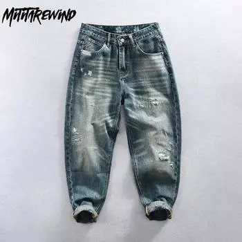 Весна 2024 года, новые модные мужские джинсы большого размера 40, уличная одежда в стиле ретро, повседневные синие выбеленные рваные джинсы из хлопка со средней талией, прямые джинсовые брюки для молодежи 28 синий