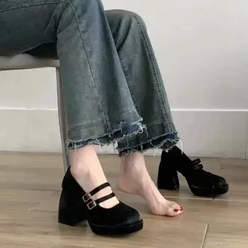 2024 Весна Новая мода на высоком каблуке Женская обувь на платформе Элегантные женские туфли-лодочки на квадратном каблуке Женские туфли Мэри Джейн для девочек Kawaii 35 чёрный