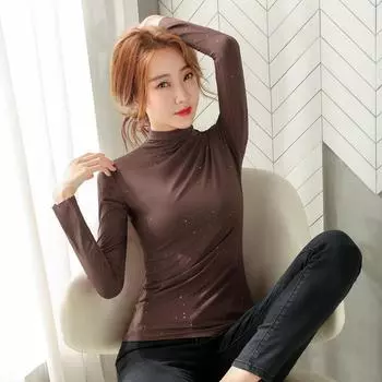 2024 Весна Новая модель Модал Бронзовый Розовый Полуворотник Приталенная Футболка Длинный Рукав Женская Нижняя Рубашка S белый