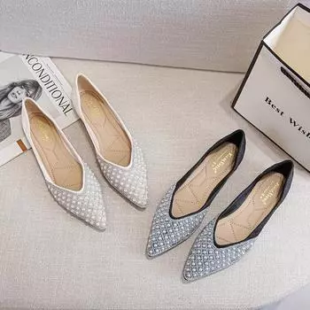 2024 Весна Новинка Небольшой носок Заостренный Водный Бриллиантовый Жемчуг Сто Парных Юбок Сказочный Стиль Плоская Подошва Одиночные Туфли Для Девочек 34 абрикосовый