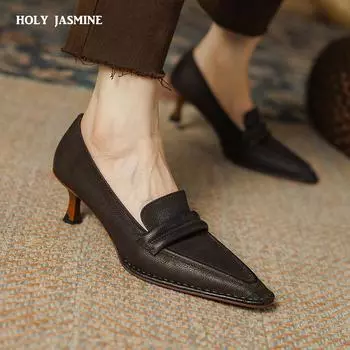 2024 Весна Новое поступление Туфли на высоком квадратном каблуке Туфли в стиле ретро из натуральной кожи Женские модные туфли на каблуках для женщин 34 коричневый