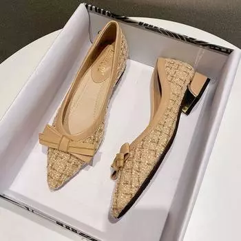 2024 Весна Новые Цветные Блоки Толстый Каблук Заостренный Небольшой Носок Средний Каблук Большие Женские Туфли 34 абрикосовый