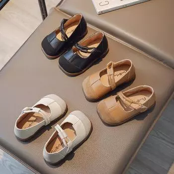 2024 Весна Новые Девочки Простые Квадратный Носок Мэри Джейн Детские Черные Британские Мягкая Подошва Мальчики Дети Модные Кожаные Туфли Унисекс Плоский 23 чёрный