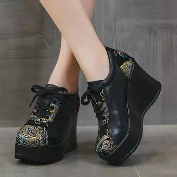 2024 Весна Новые Этнический Стиль Женская Натуральная Кожа Туфли На Шнуровке Танкетка Каблуки Туфли Толстая Подошва Повседневные Женские Туфли На Платформе 35 чёрный
