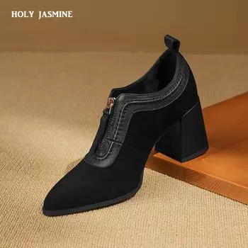 2024 Весна Новые Ретро Женские Туфли-Лодочки Туфли Из Натуральной Кожи Каблук 7 см Одиночные Туфли Элегантные Модные Лаконичные Высококачественные Женские Туфли 34 чёрный