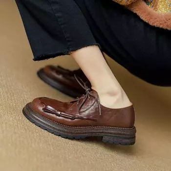 2024 Весна Новые Туфли на платформе Женские Натуральная Коровья Кожа Круглые Перекрестные Застежки Толстая Подошва Женская Повседневная Обувь Туфли Ручной Работы 34 чёрный