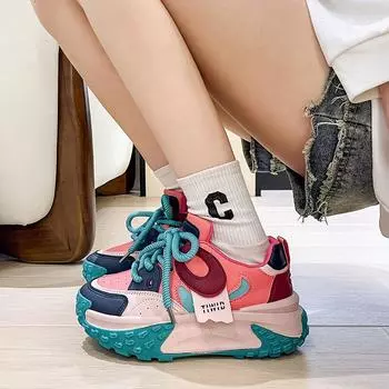 2024 Весна Новые Туфли Папа на Толстой Подошве Женские Универсальные Туфли Для Уличной Стрельбы Спортивные Туфли Ins Модные Повседневные Женские Туфли 40 чёрный