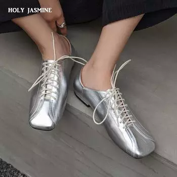 2024 Весна Новые женские туфли на низком каблуке с квадратным носком Базовые повседневные рабочие удобные мягкие туфли из натуральной кожи серебристого цвета для женщин Лаконичные 34 чёрный