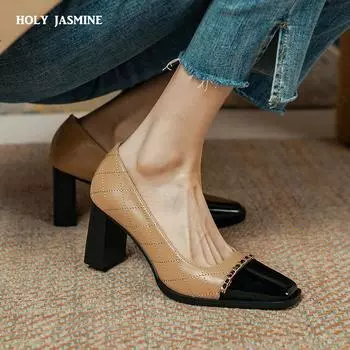 2024 Весна Новые женские туфли с квадратным носком Женские туфли-лодочки на толстом каблуке Высокие каблуки Неглубокие металлические украшения Вечерние туфли Свадебные туфли 34 хаки