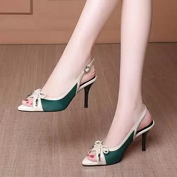 2024 Весна Новые женские туфли с острым носком и высоким каблуком, женские босоножки смешанных цветов, универсальные модные повседневные туфли на тонком каблуке 35 зелёный