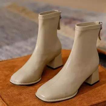 2024 Весна Осень 2024 Женские Ботильоны на Среднем Каблуке с Молнией Сзади 2024 Короткие Ботинки С Квадратным Носком Удобные Женские Ботинки На Толстом Каблуке 35