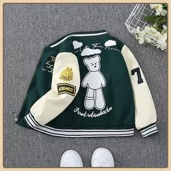 2024 Весна Осень Детские Мальчики Куртка Моды Мультфильм Медведь Узор Дети Ветровка Пальто для Детей Верхняя Одежда Одежда 2-12 Лет 90 чёрный