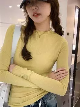 2024 Весна Осень Футболка Женские Топы Однотонные Облегающие Футболки С Длинным Рукавом O-Образным Вырезом Женская Повседневная Уличная Одежда Высокого Качества Базовые Футболки S чёрный