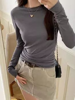 2024 Весна Осень Футболка Женские Топы Однотонные Облегающие Футболки С Длинным Рукавом O-Образным Вырезом Женская Повседневная Уличная Одежда Высокого Качества Базовые Футболки S чёрный