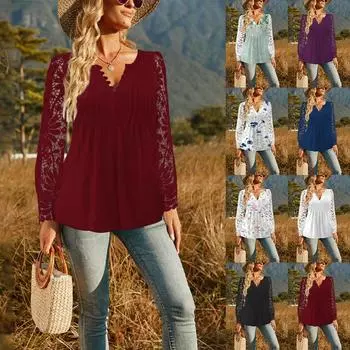 2024 Весна/Осень Модная Новая Женская Футболка С Кружевными Рукавами, Плиссированная Футболка На Пуговицах 4XL синий