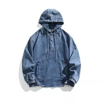 2024 Весна Осень Новая мужская толстовка с капюшоном в японском стиле в стиле ретро, джинсовая полуджемпер нейтрального повседневного цвета с капюшоном, мужское пальто размера 2XL M синий