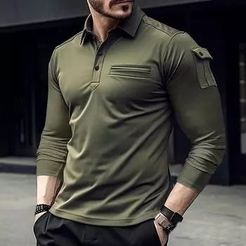 2024 Весна Осень Однотонная Рубашка Поло С Длинным Рукавом Молния Карман Отворот Мужская Повседневная Спортивная Рубашка С Длинным Рукавом Мужская S чёрный