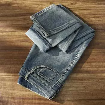 2024 Весна/Осень Ретро Джинсы Мужские Прямые Трубчатые Свободные Эластичные Повседневные Брюки Осень/Зима 28