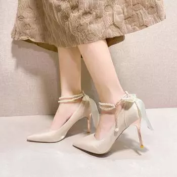 2024 Весна Осень Сезон Новая Мода Заостренный Однотонный Верхняя Одежда Женщины Высокий Каблук Жемчужная Цепочка Стиль Феи Одиночные Туфли Женские 34