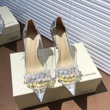 2024 Весна Осень Сезон Новые Остроконечные Прозрачные Сексуальные Туфли На Высоком Каблуке Для Женщин Универсальные Удобные Женские Туфли 34 серебряный