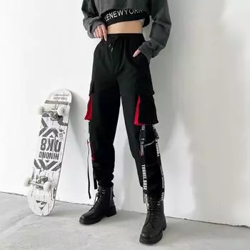 2024 Весна Осень Шаровары Повседневные Женские Брюки Уличная Одежда Хлопковые Ленты Джоггеры Длина До Щиколотки Брюки Карго Для Девочек S чёрный