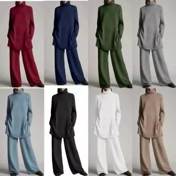 2024 Весна/Осень Высокий Воротник Трикотажный Однотонный Свободный Повседневный Комплект Из Двух Частей