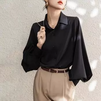 2024 Весна Осень Женская Профессиональная Рубашка Фонарь Длинный Рукав Коммуникации Отворот Офисная Блузка Женская Повседневная Мода Элегантная Новая Одежда 2840 S белый