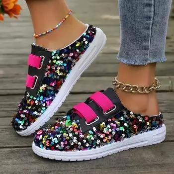 2024 Весна Осень Женские Тапочки Модные Баотоу Полутапочки Уличные Новые Модные Блестящие Повседневные Холщовые Тапочки Женская Обувь 36 чёрный