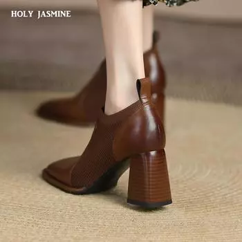 2024 Весна/Осень Женские Туфли-лодочки на толстом каблуке для выпускного вечера Туфли-лодочки из натуральной кожи Мокасины с квадратным носком Женские туфли на высоком каблуке для женщин 4 чёрный