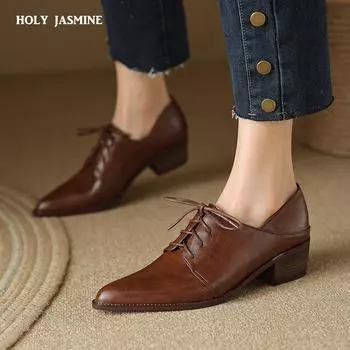 2024 Весна Осень Женские Туфли-лодочки Натуральная Кожа 22-25 см Верх из Воловьей Кожи Французский Винтаж Шнуровка Остроконечные Однотонные Туфли 2 Шага на Туфли 34 чёрный