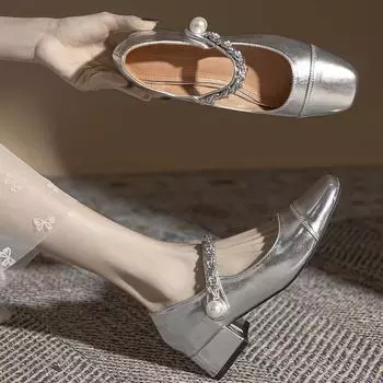2024 Весна Осень Женские Туфли Мэри Джейн с двойной пряжкой Лакированная Кожа Платье Квадратная Голова Квадратный Высокий Каблук Однотонные Женские Туфли 35 серебряный