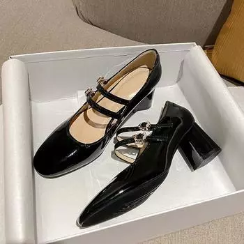 2024 Весна Осень Женские Туфли Мэри Джейн С Двойной Пряжкой Лакированные Туфли Туфли На Высоком Каблуке Туфли Ретро Женские Туфли Черные Красные 34 чёрный