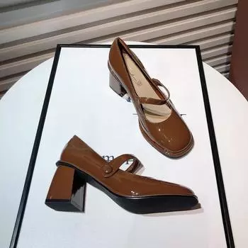 2024 Весна Осень Женские Туфли с пряжкой Кожаные Квадратные Головки Квадратный Каблук Однотонные Женские Туфли 35 белый