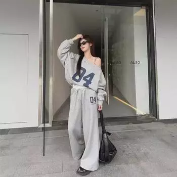2024 Весна/Осень Женский Асимметричный Плечевой Принт Цифровой Свитшот и Свободные Брюки Комплект S