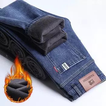 2024 Весна/Осень Зима Новые плюшевые/Обычные синие мужские облегающие эластичные повседневные брюки на маленькую ногу, длинные джинсы 28 чёрный