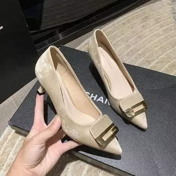 2024 Весна Повседневная Женская Обувь На Высоком Каблуке Слипоны Острый Носок Танкетка Последние Сандалии 34 бежевый