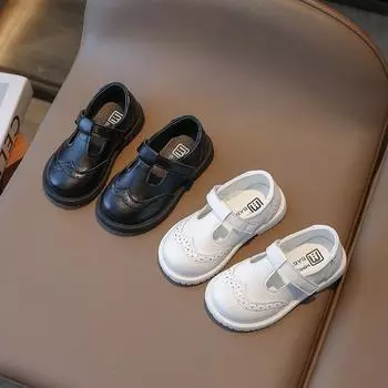 2024 Весна T-Strap Черная британская школьная обувь на липучке с круглым носком Универсальная мягкая детская повседневная обувь для мальчиков и девочек на плоской подошве 21 белый