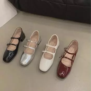 2024 Весна Туфли Мэри Джейн Кожаные с пряжкой на толстом каблуке, с неглубоким вырезом, с круглым носком, женские туфли с низким верхом 36 чёрный