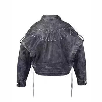 2024 Весна Винтажная куртка из искусственной кожи с ремешками Шикарная уличная мотоциклетная куртка со шнуровкой и длинным рукавом S серый