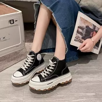 2024 Весна Высокие Кроссовки Из Холста Женские Белые Туфли На Толстой Подошве Женские Повседневные Туфли Из Холста Вулканизированные Туфли Женские 38 чёрный