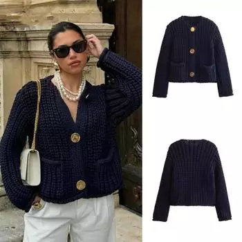 2024 Весна Женская черная вязаная кофта-свитер с карманами и пуговицами Женские топы с круглым вырезом Кардиган Винтажный стиль Cashel S чёрный