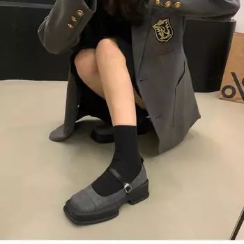 2024 Весна Женские Туфли-лодочки с квадратным носком и пряжкой на низком каблуке Туфли Мэри Джейн Небольшие Женские Повседневные Мягкие Балетки Однотонные Лоферы на Низком Каблуке 35 бежевый