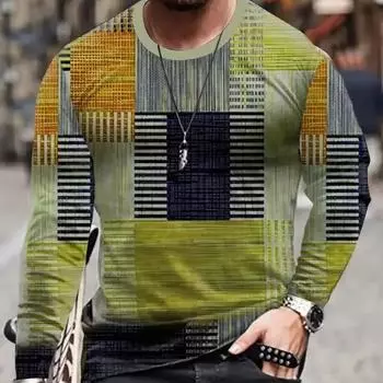 2024 Винтажная мужская футболка с цветными блоками и длинным рукавом с 3D-принтом в стиле Харадзюку, свободные топы, мужская футболка для бега на открытом воздухе, топы S