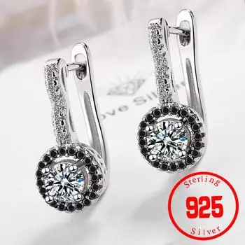 2024 Винтаж подлинные штампованные серьги-кольца из стерлингового серебра 925 пробы для женщин с черными и белыми камнями ювелирные изделия Brincos серебряный