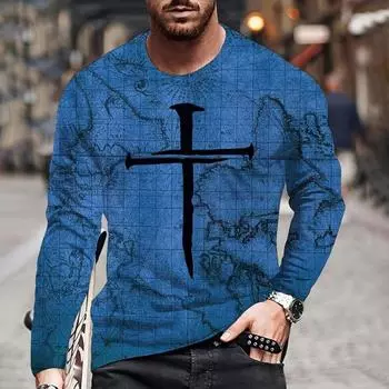 2024 Винтажная мужская футболка из хлопка с крестообразным узором и длинным рукавом, 3D-одежда с принтом морской карты, уличная Харадзюку, большой размер S