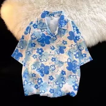 2024 Винтажная мужская рубашка, летняя повседневная студенческая свободная нишевая мужская рубашка для верхней одежды M синий