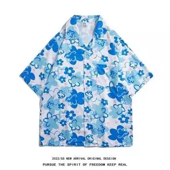2024 Винтажная мужская рубашка, летняя повседневная студенческая свободная нишевая мужская рубашка для верхней одежды M синий