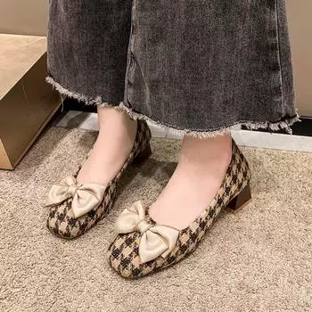 2024 Винтажные женские туфли Классические толстые банты Украшенные женские туфли Простые туфли-лодочки с квадратным носком Женская обувь Квадратный каблук 34 коричневый